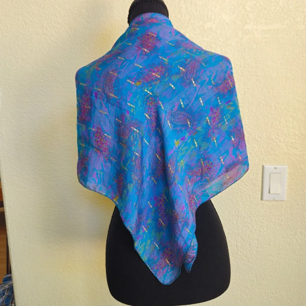Vintage Silk Paisley Scarf Turquoise Purple Gold Metallic 35x34 Luxury Old Money